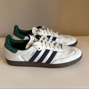 Adidas Samba Sneakers Classic White w/ Navy Green Accents EUC womens 10, mens 9